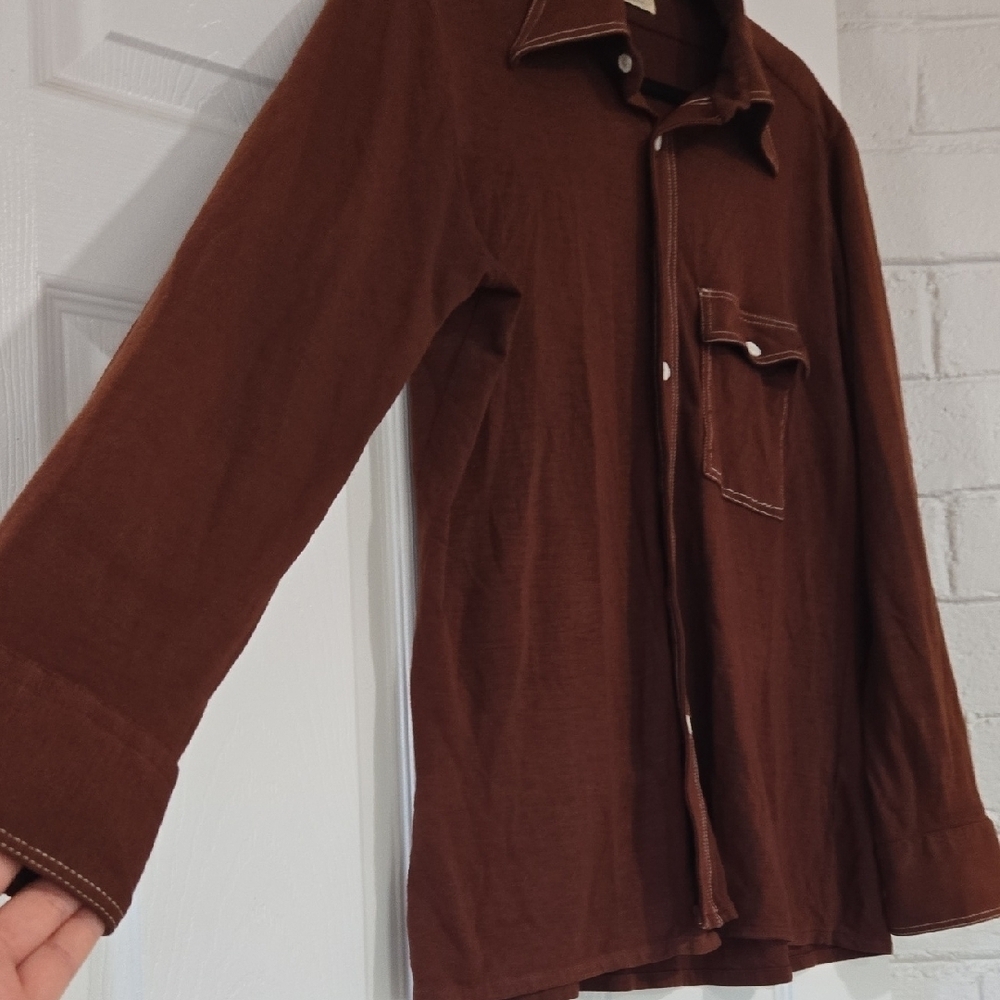 Vintage Donegal Brown Button-Up Shirt with White Stitching Size Large - Picture 6 of 9